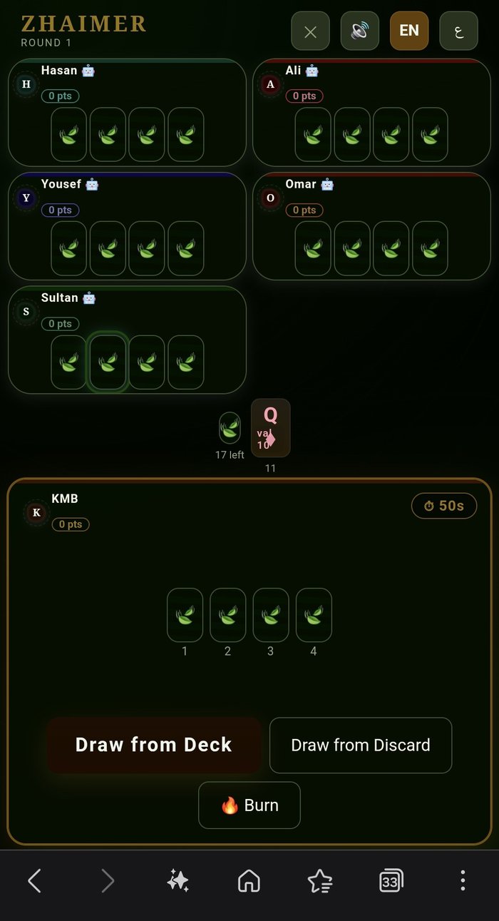 Zhaimer gameplay showing player hands, drawn card, and action buttons