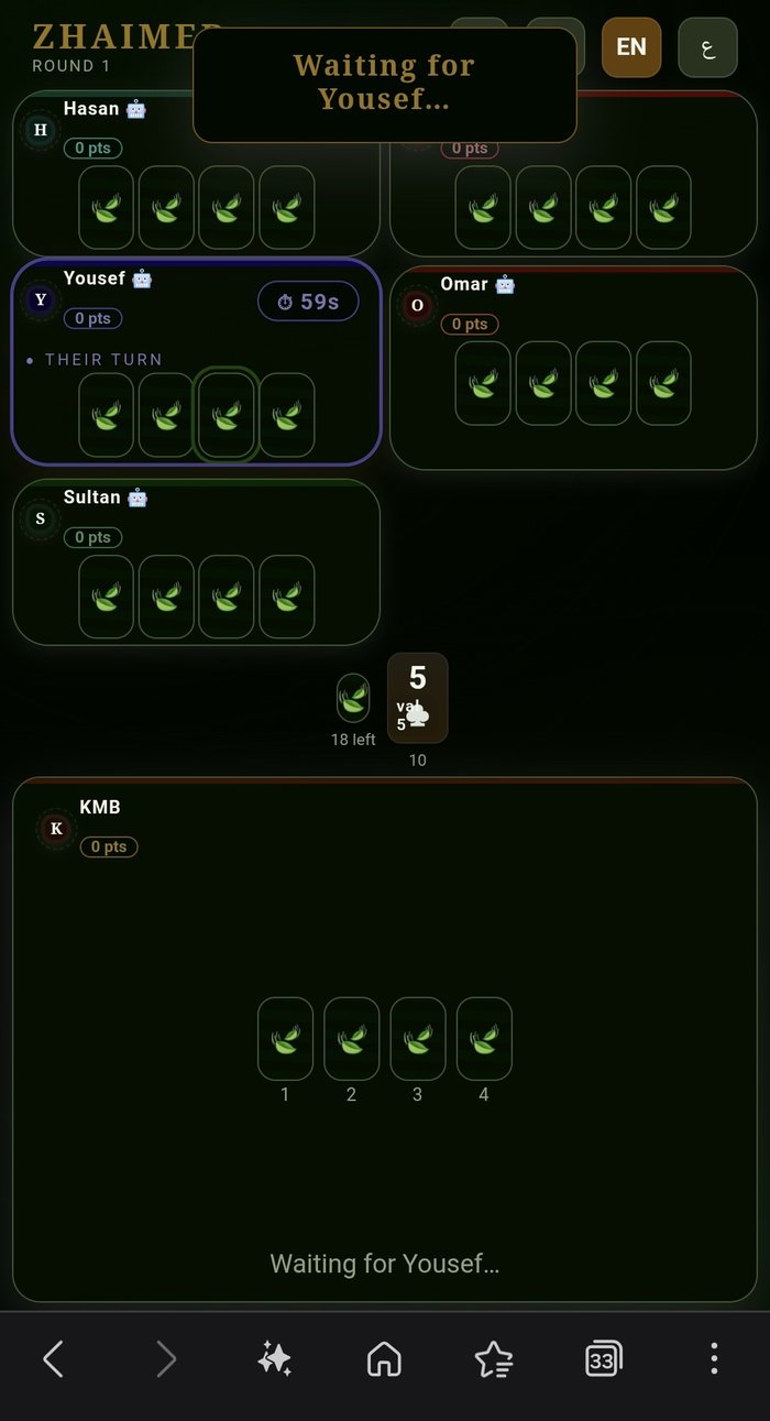 Zhaimer turn indicator showing an opponent's turn in progress with a highlighted card slot